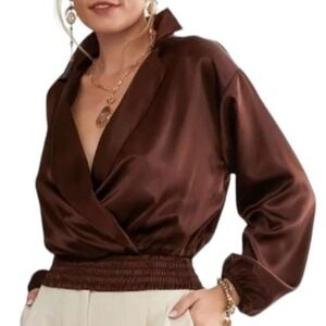 MOCHA Brown Satin Blouse Collar Wrap OFFICE SIREN Luxe Party Small bust 33-38‎